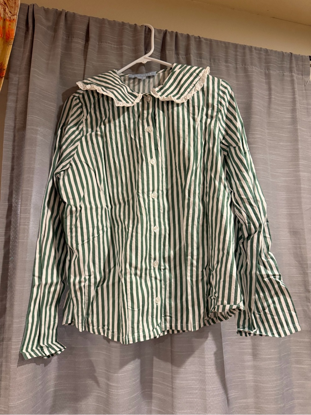 Hill House Green and White Striped Button-Down Shirt with Lace Collar